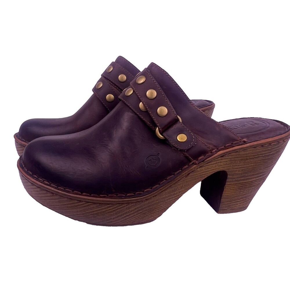 Born Brown Leather Platform Mules Chunky High Heel Clogs Studded Buckle Size 11